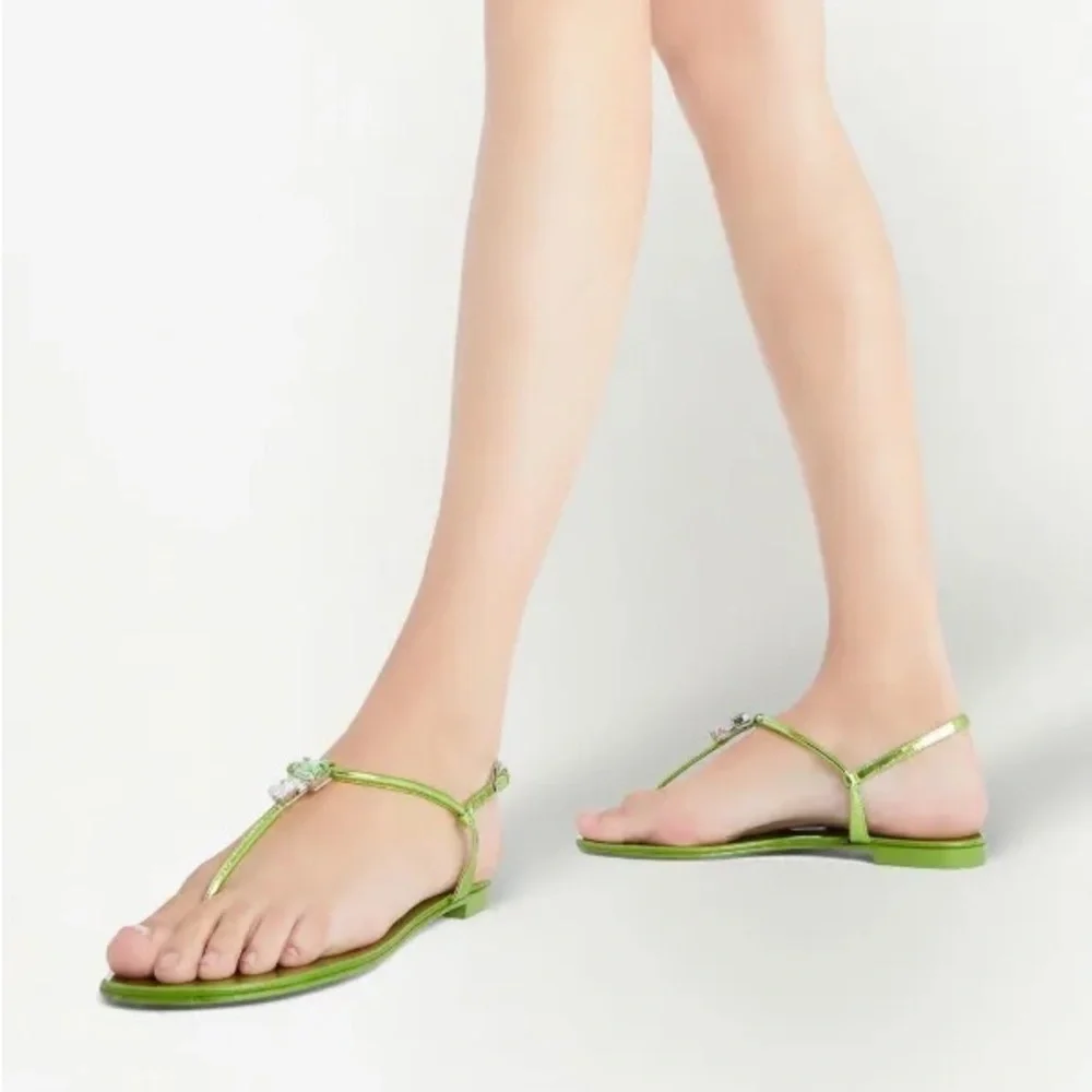 Giuseppe Zannoti Asparagus Green Metallic Leather Alphonsine thong sandals EU 38